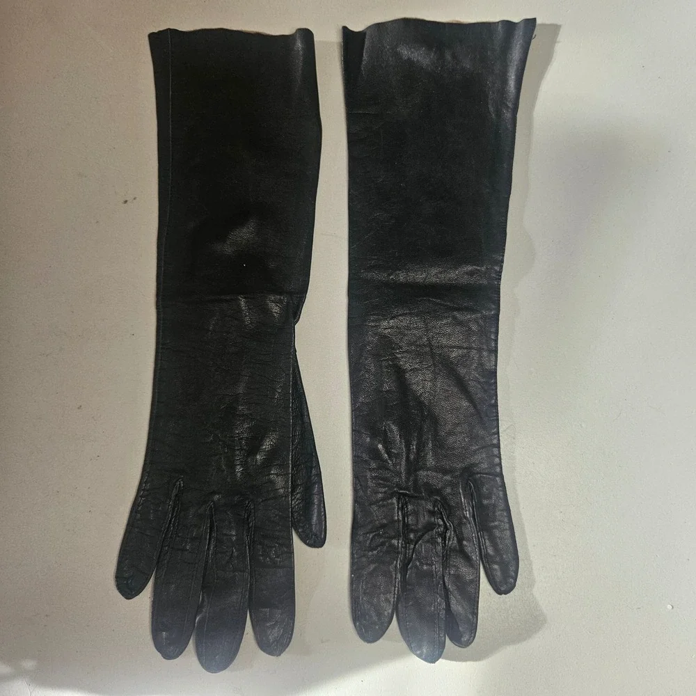 Grandoe Vintage Black Leather Opera Length Evening Gloves Size 6.5 Soapable 60s